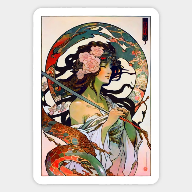 Japanese Vintage Art Nouveau Dragon Lady Priestess Sticker by entwithanaxe